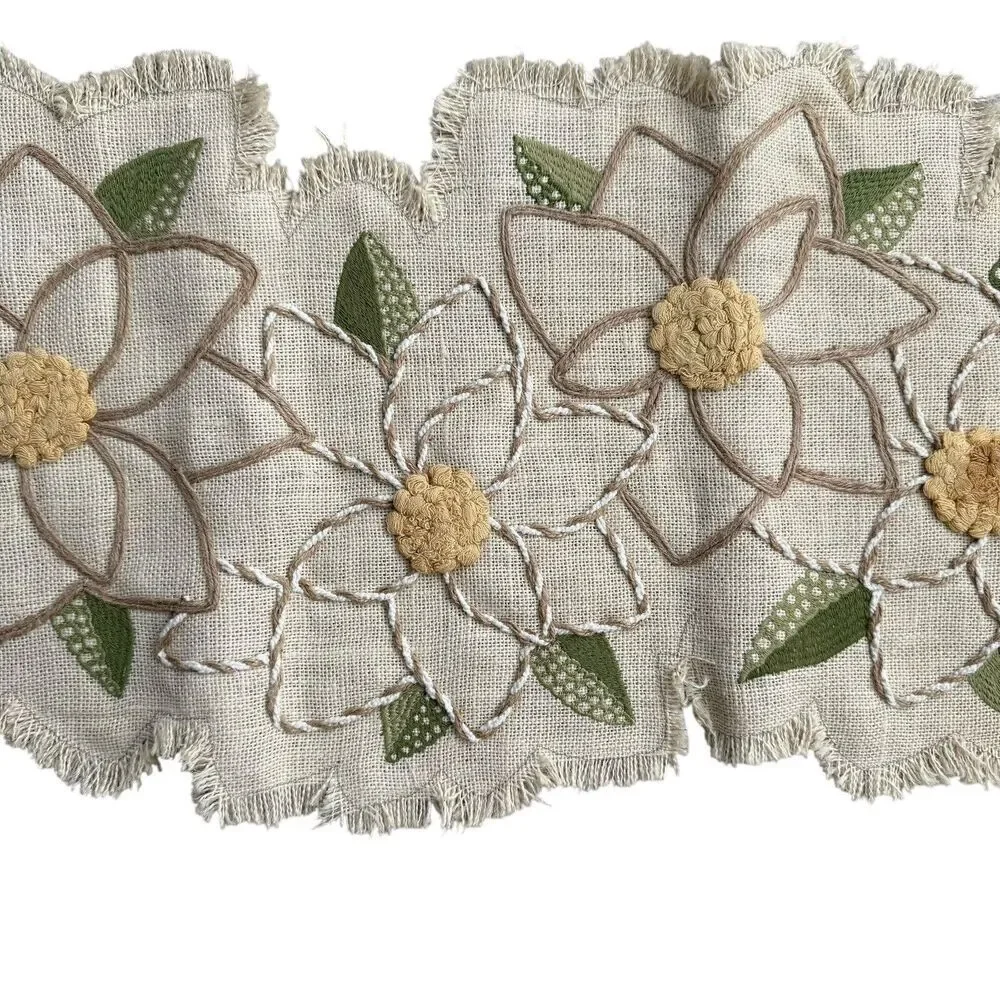 Pier 1 Imports Table Runner 37”x14” Tan Green Floral Natural Fiber Embroidered